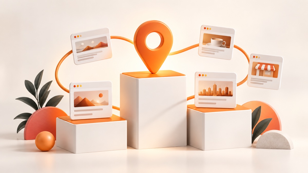 Orange business location pin connected to websites across the web
