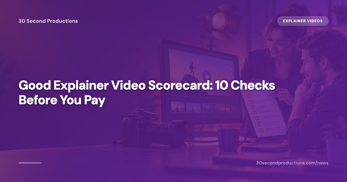 Business owner scoring an explainer video draft on a laptop with a checklist